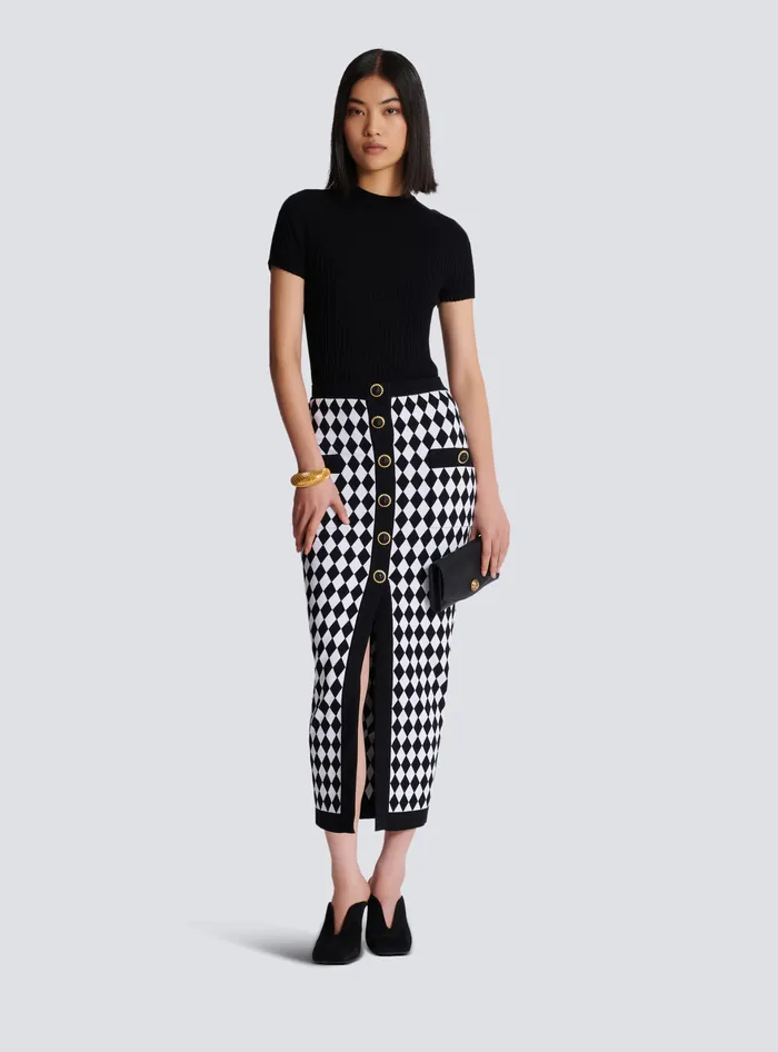Balmain Diamond Jacquard Midi Skirt Black Women Skirts