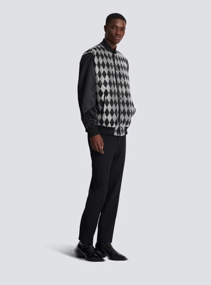 Balmain Diamond Satin Bomber Jacket With Rhinestones Black Men Outerwear