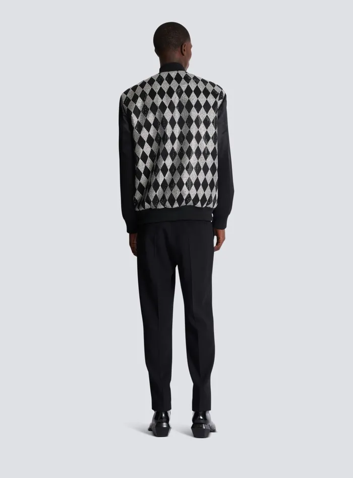Balmain Diamond Satin Bomber Jacket With Rhinestones Black Men Outerwear