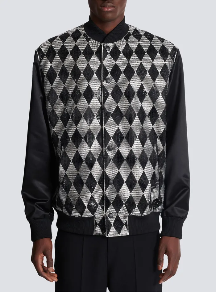 Balmain Diamond Satin Bomber Jacket With Rhinestones Black Men Outerwear