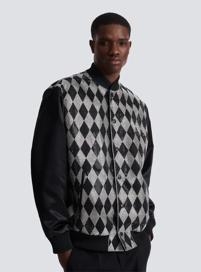 Balmain Diamond Satin Bomber Jacket With Rhinestones Black Men Outerwear
