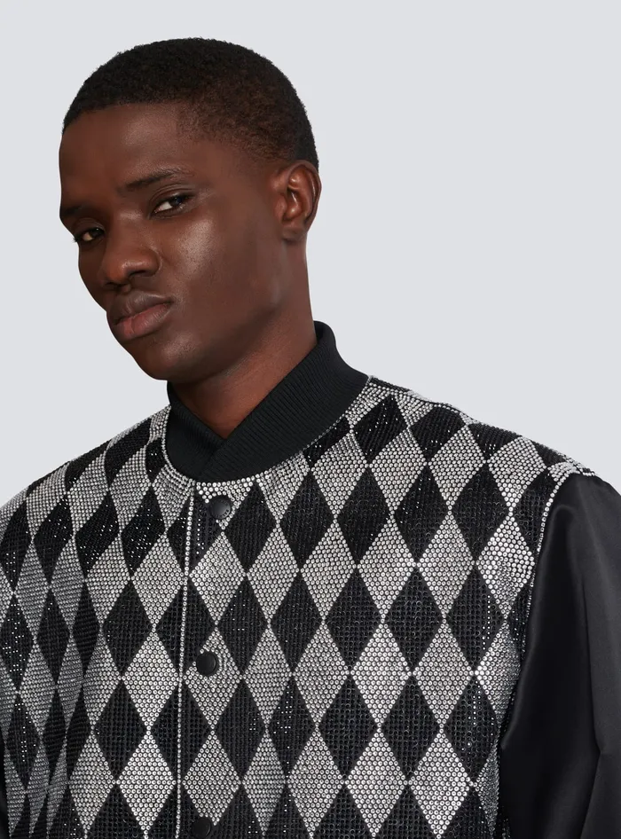 Balmain Diamond Satin Bomber Jacket With Rhinestones Black Men Outerwear