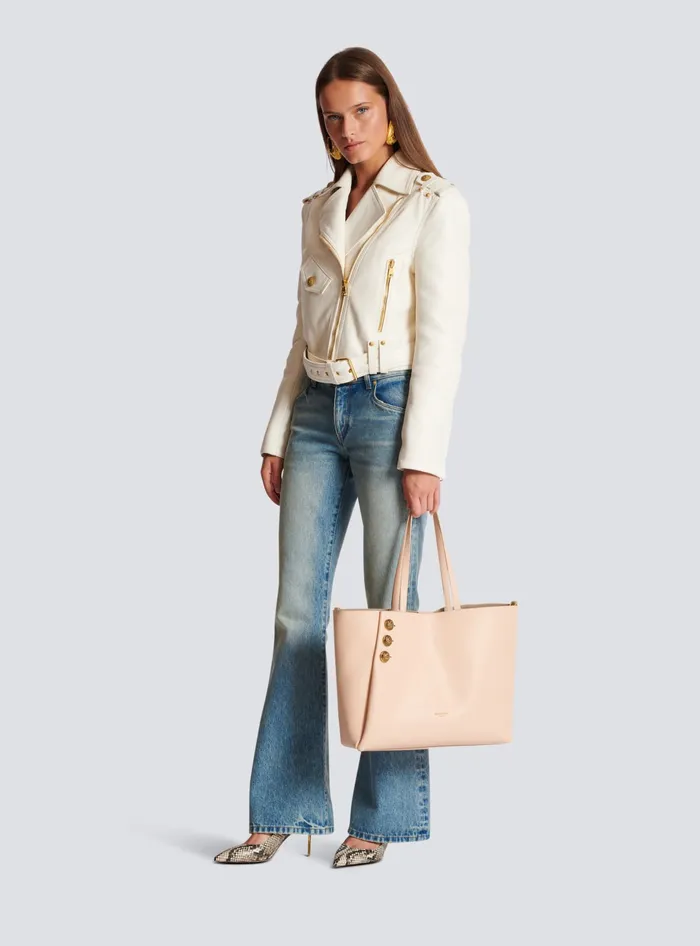 Balmain Emblegraveme Grained Leather Tote Bag Beige Women Shoulder Bags