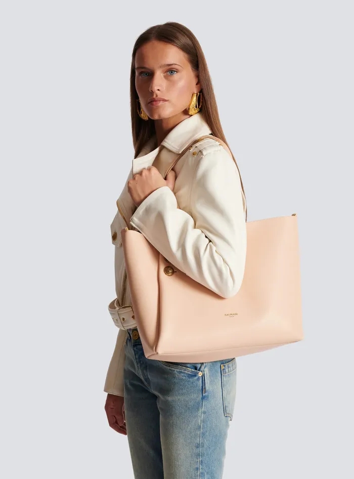 Balmain Emblegraveme Grained Leather Tote Bag Beige Women Shoulder Bags