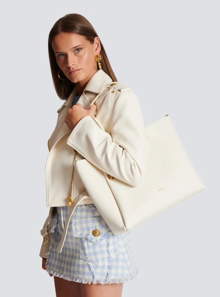 Balmain Emblegraveme Leather Tote Bag White Women Tote Bags