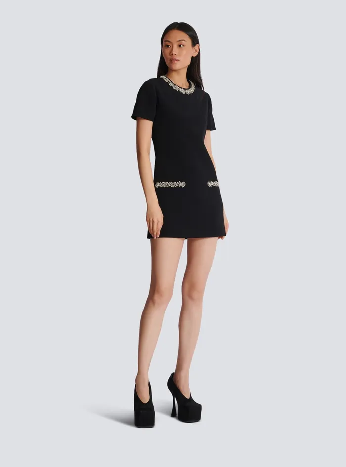 Balmain Embroidered Crepe Shift Dress Black Women Dresses