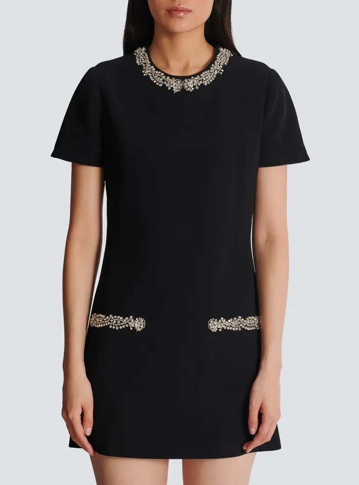 Balmain Embroidered Crepe Shift Dress Black Women Dresses