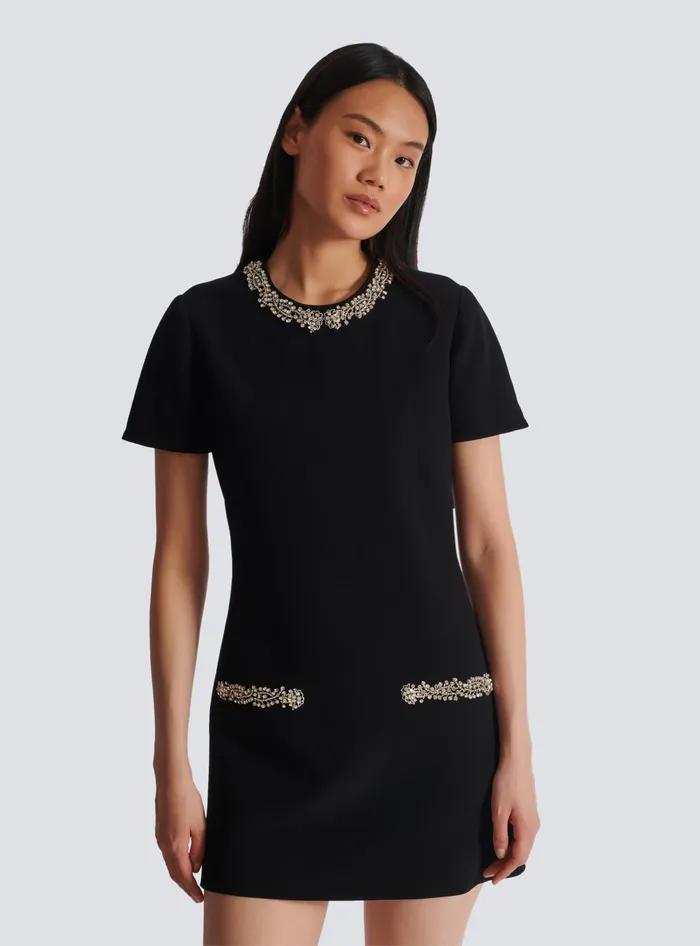 Balmain Embroidered Crepe Shift Dress Black Women Dresses