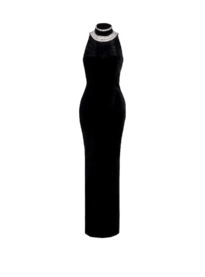 Balmain Embroidered Velvet Halterneck Dress Black Women Dresses
