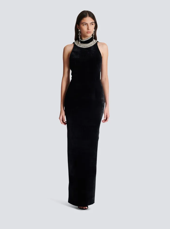 Balmain Embroidered Velvet Halterneck Dress Black Women Dresses