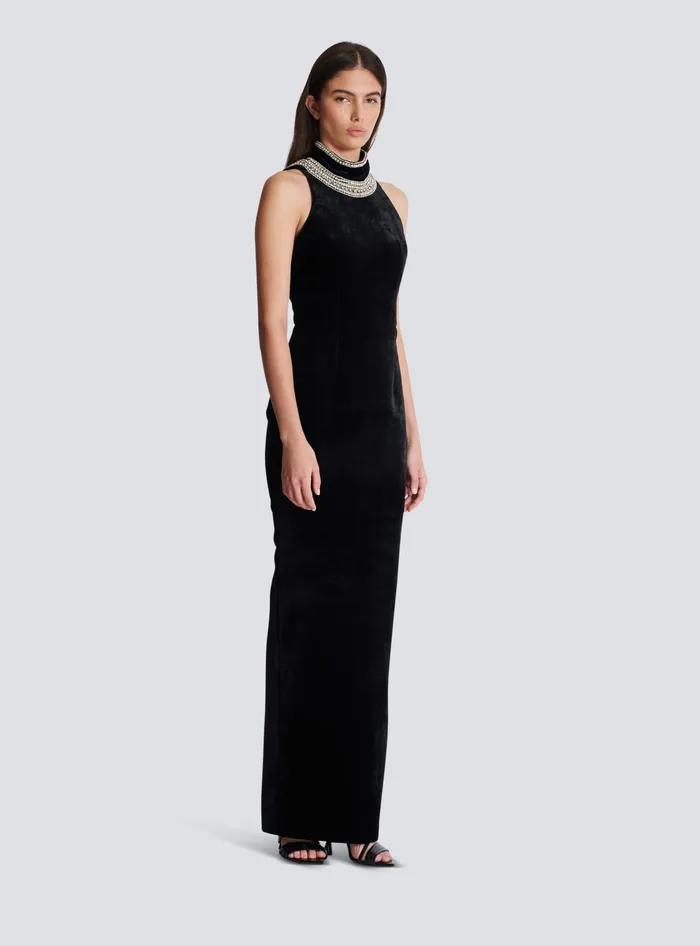 Balmain Embroidered Velvet Halterneck Dress Black Women Dresses