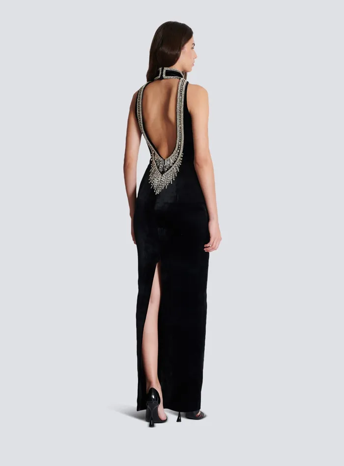 Balmain Embroidered Velvet Halterneck Dress Black Women Dresses