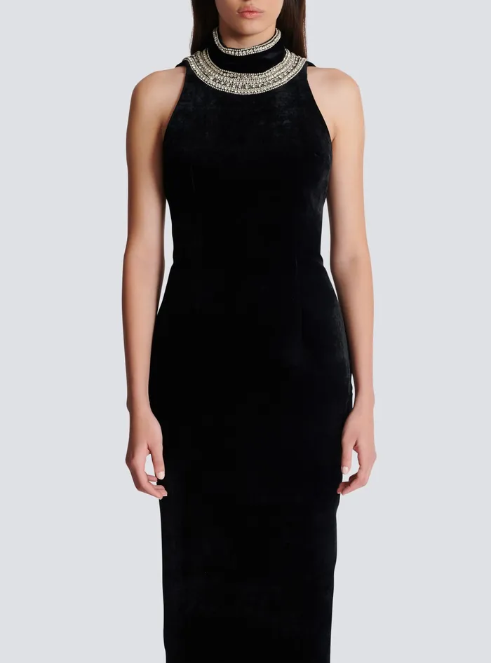Balmain Embroidered Velvet Halterneck Dress Black Women Dresses
