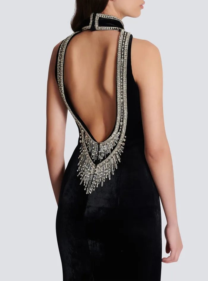 Balmain Embroidered Velvet Halterneck Dress Black Women Dresses