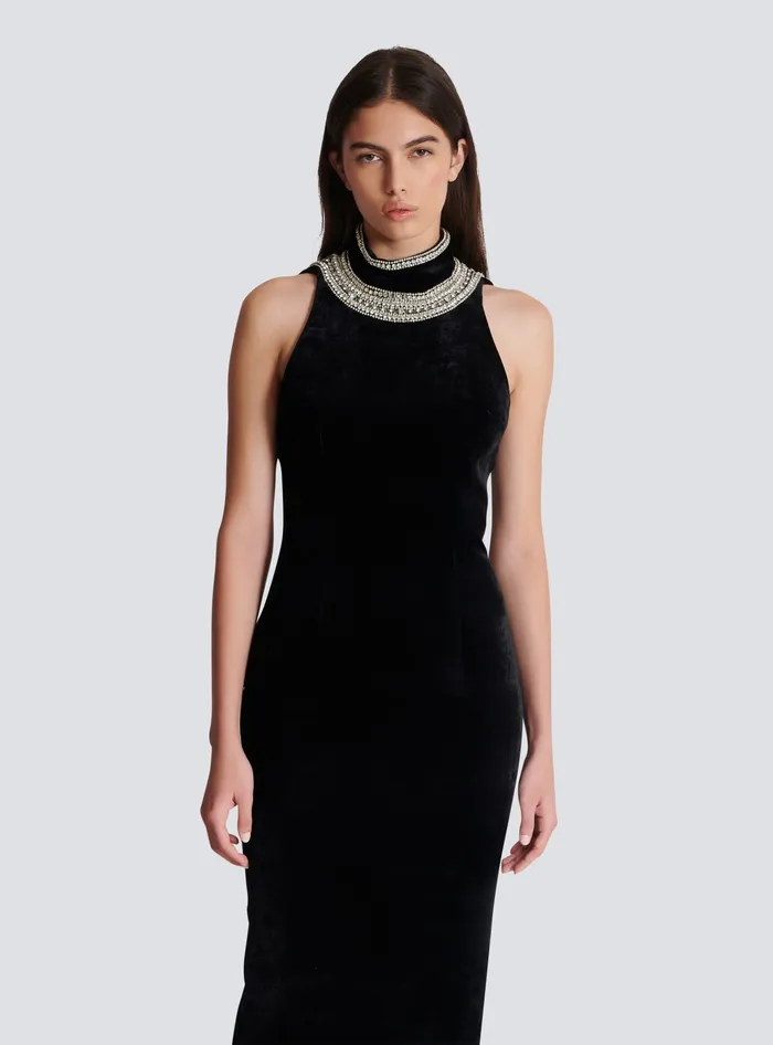 Balmain Embroidered Velvet Halterneck Dress Black Women Dresses
