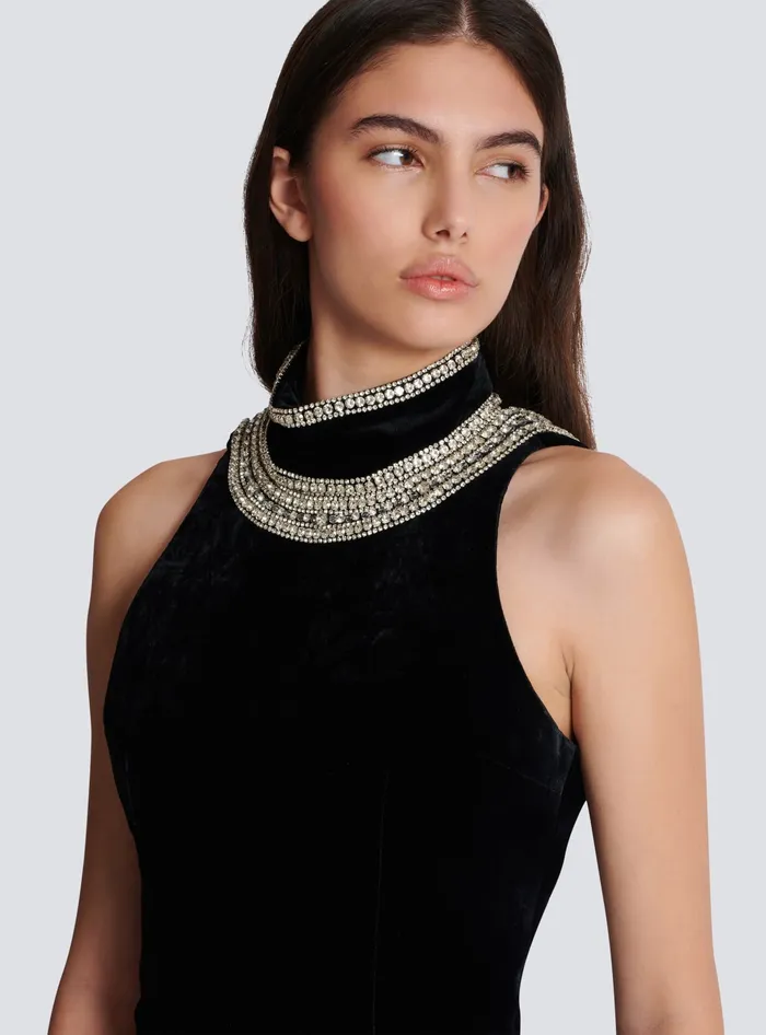 Balmain Embroidered Velvet Halterneck Dress Black Women Dresses