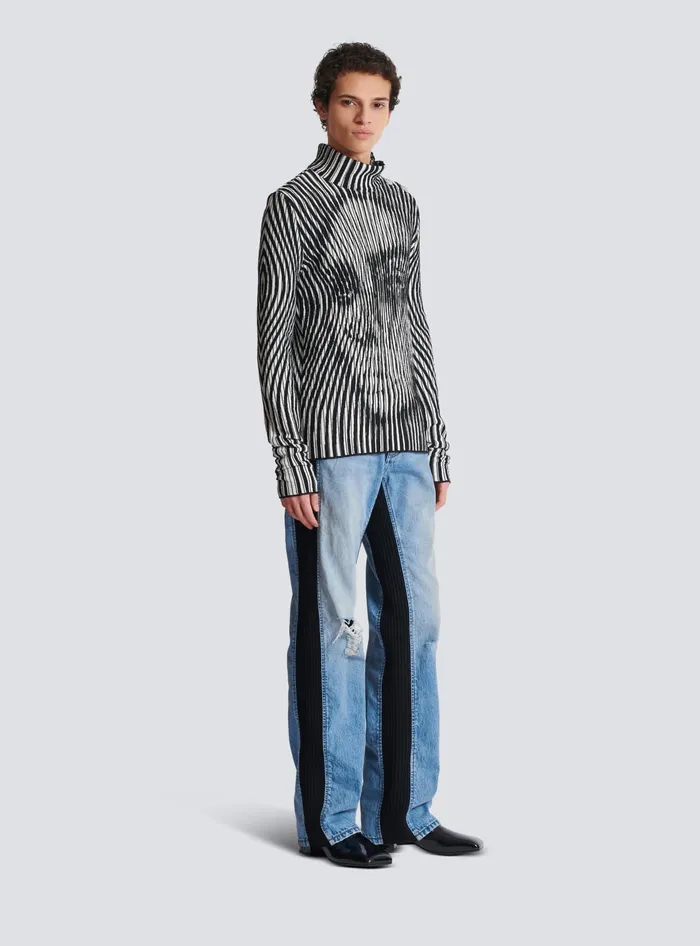 Balmain Face Twotone Knit Jumper Black Men Knitwear