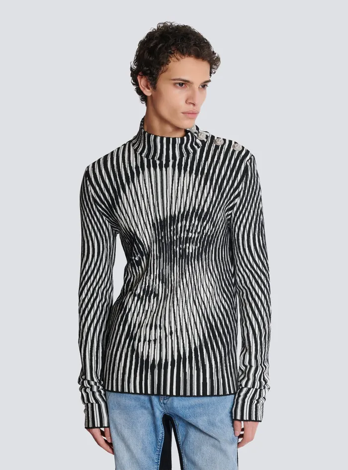 Balmain Face Twotone Knit Jumper Black Men Knitwear