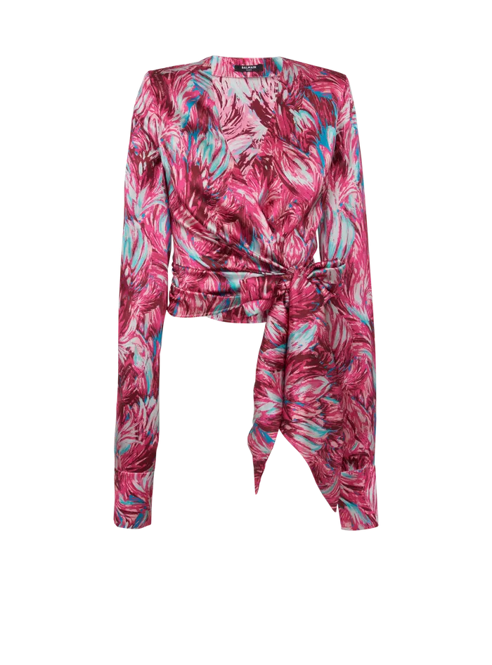 Balmain Feather Print Satin Wrap Blouse Pink Women Tops And Shirts