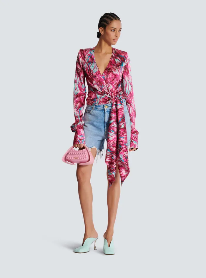 Balmain Feather Print Satin Wrap Blouse Pink Women Tops And Shirts