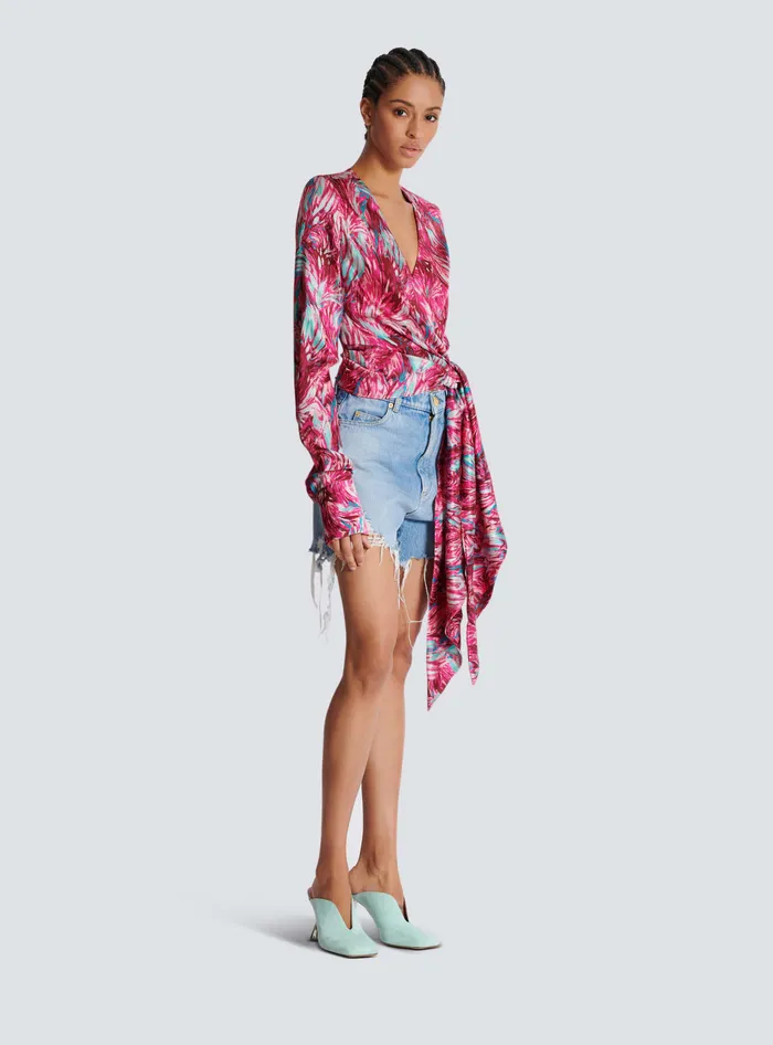 Balmain Feather Print Satin Wrap Blouse Pink Women Tops And Shirts