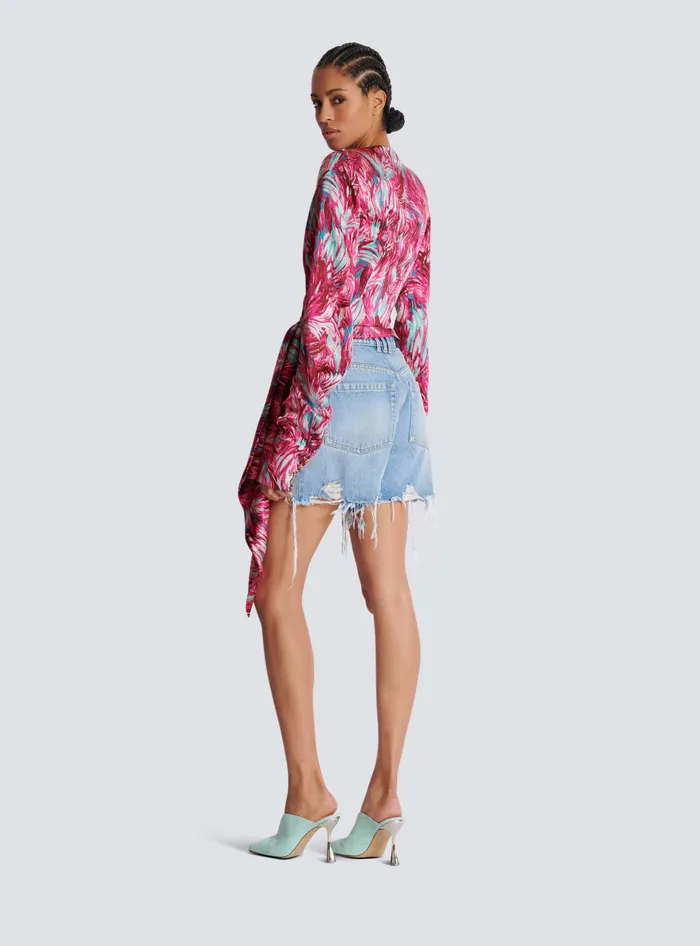 Balmain Feather Print Satin Wrap Blouse Pink Women Tops And Shirts