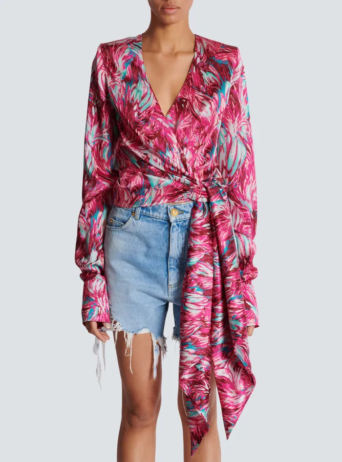 Balmain Feather Print Satin Wrap Blouse Pink Women Tops And Shirts