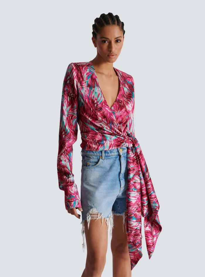 Balmain Feather Print Satin Wrap Blouse Pink Women Tops And Shirts