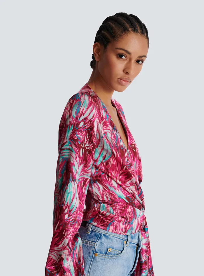 Balmain Feather Print Satin Wrap Blouse Pink Women Tops And Shirts