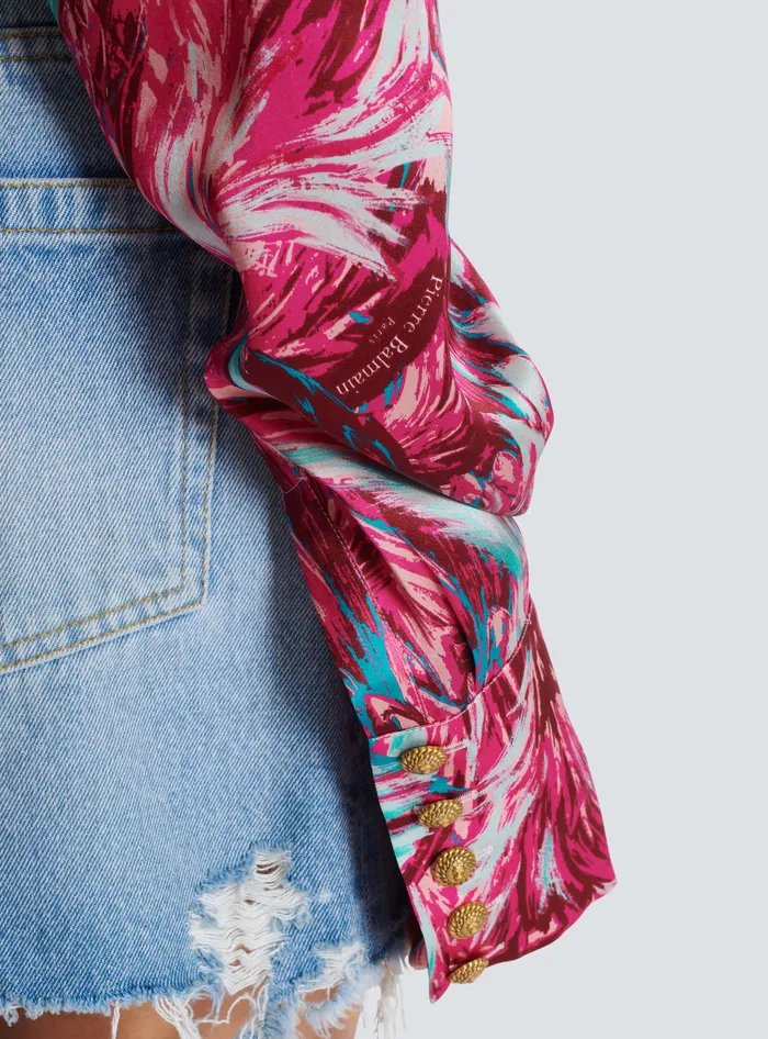 Balmain Feather Print Satin Wrap Blouse Pink Women Tops And Shirts