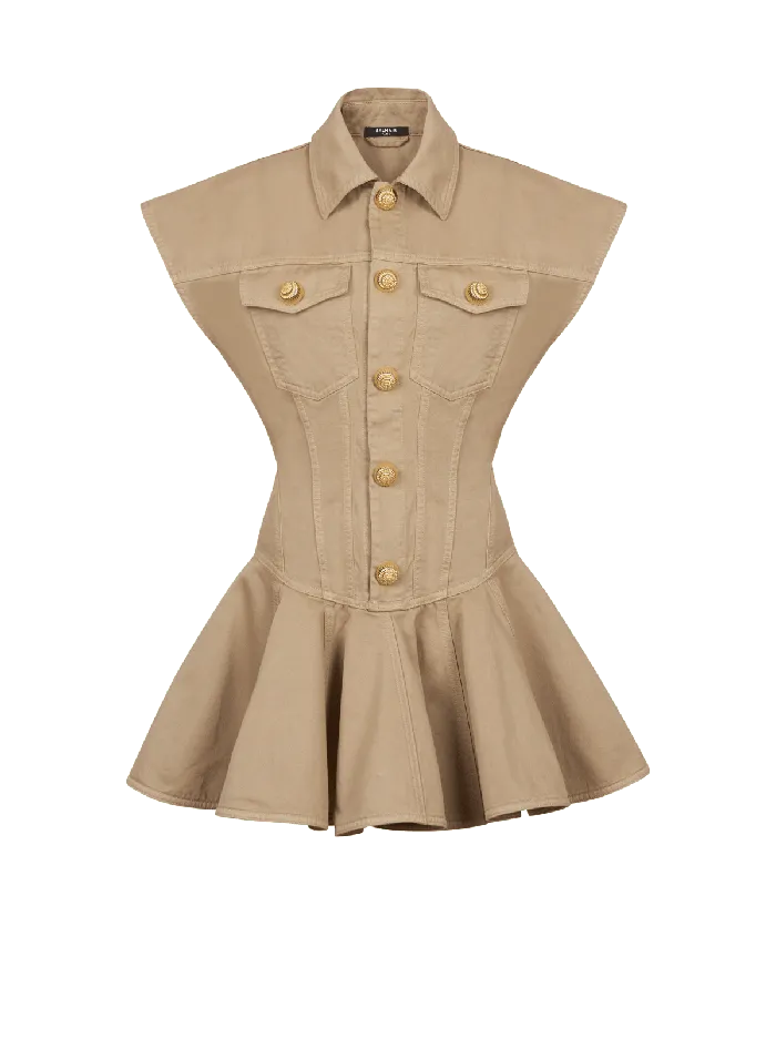 Balmain Flared Dress In Cotton Canvas Beige Women Dresses