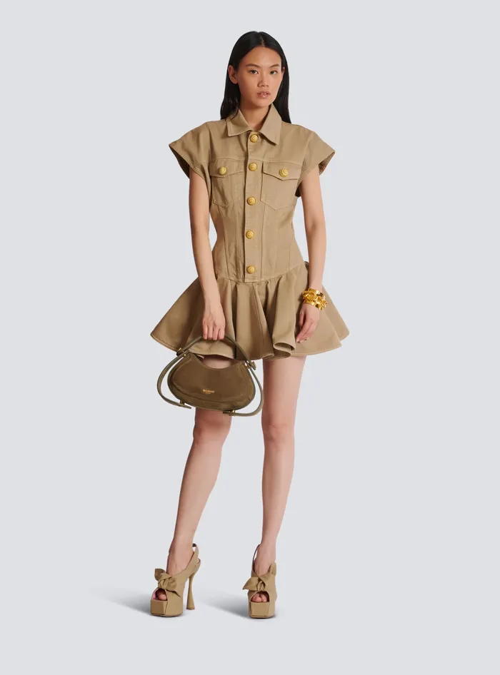 Balmain Flared Dress In Cotton Canvas Beige Women Dresses