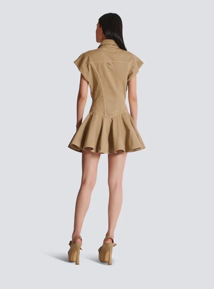 Balmain Flared Dress In Cotton Canvas Beige Women Dresses