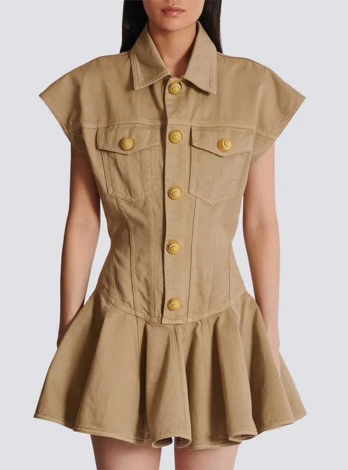 Balmain Flared Dress In Cotton Canvas Beige Women Dresses