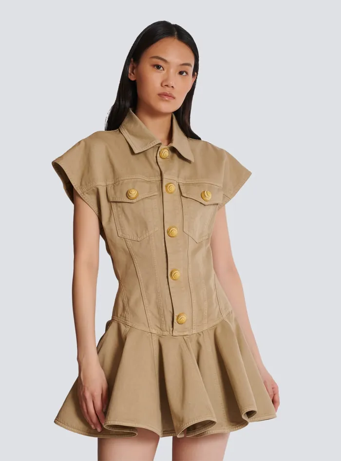 Balmain Flared Dress In Cotton Canvas Beige Women Dresses