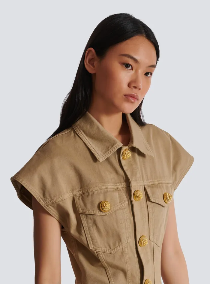 Balmain Flared Dress In Cotton Canvas Beige Women Dresses