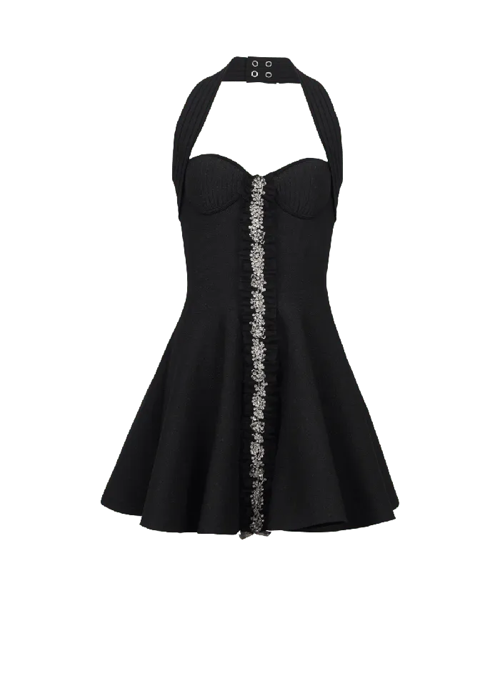 Balmain Flared Halterneck Knit Dress Black Women Dresses