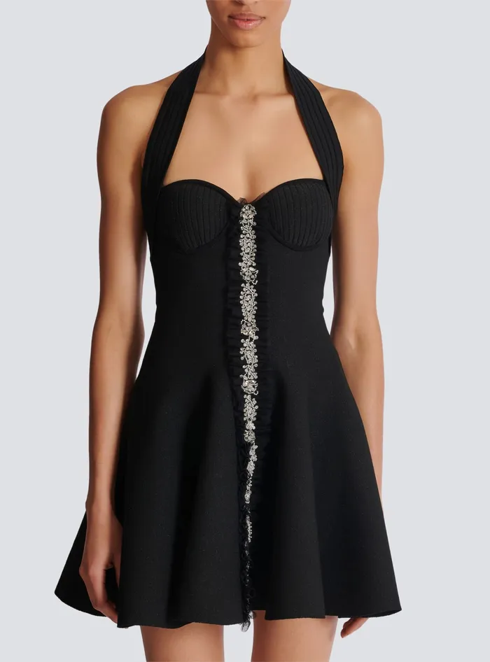 Balmain Flared Halterneck Knit Dress Black Women Dresses