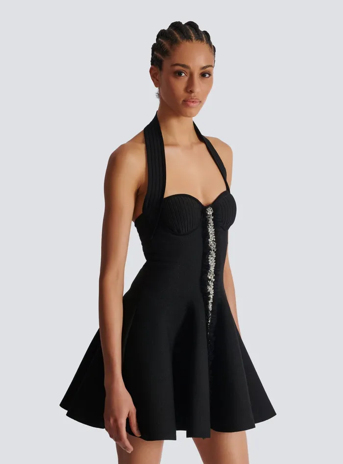 Balmain Flared Halterneck Knit Dress Black Women Dresses