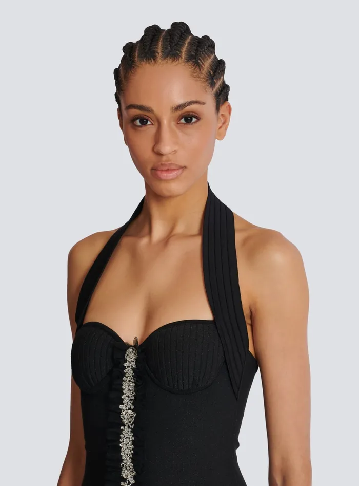 Balmain Flared Halterneck Knit Dress Black Women Dresses