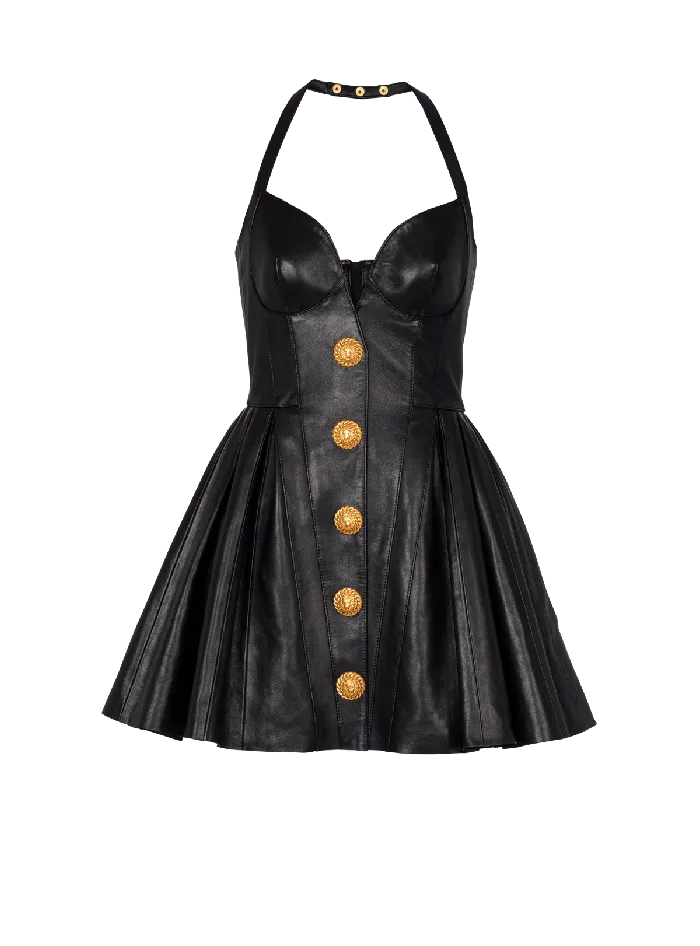 Balmain Flared Pleated Halterneck Dress In Leather Black Women Dresses