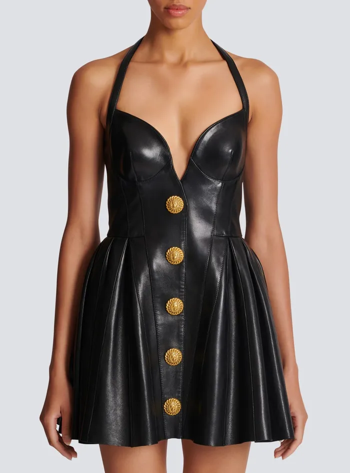 Balmain Flared Pleated Halterneck Dress In Leather Black Women Dresses