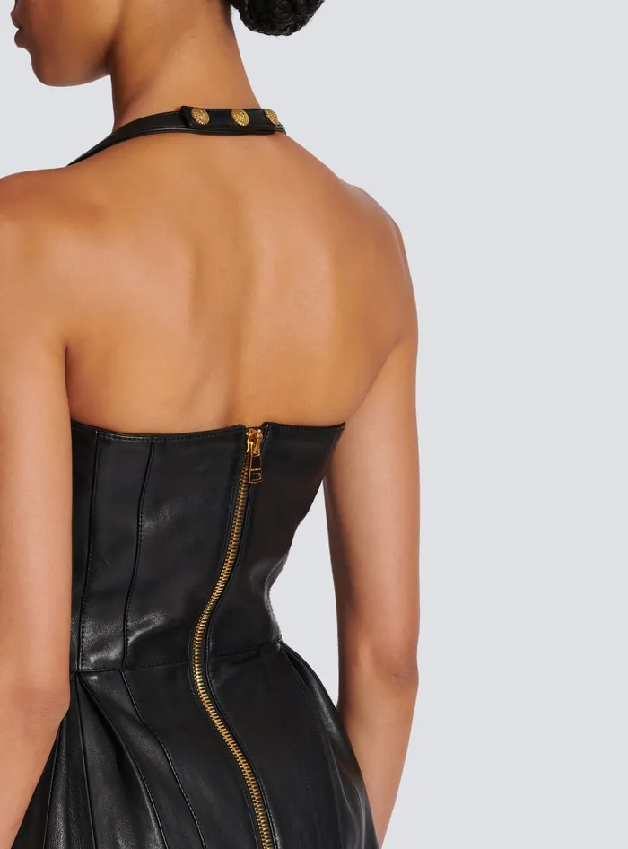 Balmain Flared Pleated Halterneck Dress In Leather Black Women Dresses