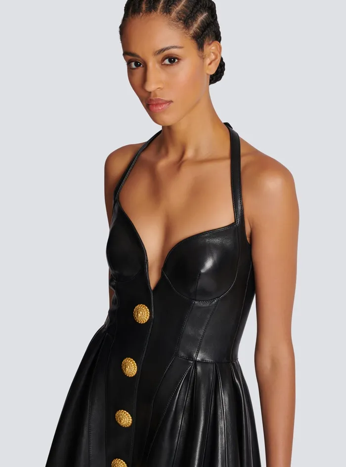 Balmain Flared Pleated Halterneck Dress In Leather Black Women Dresses
