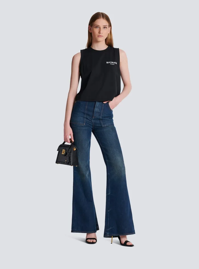 Balmain Flocked Tank Top Black Women TShirts