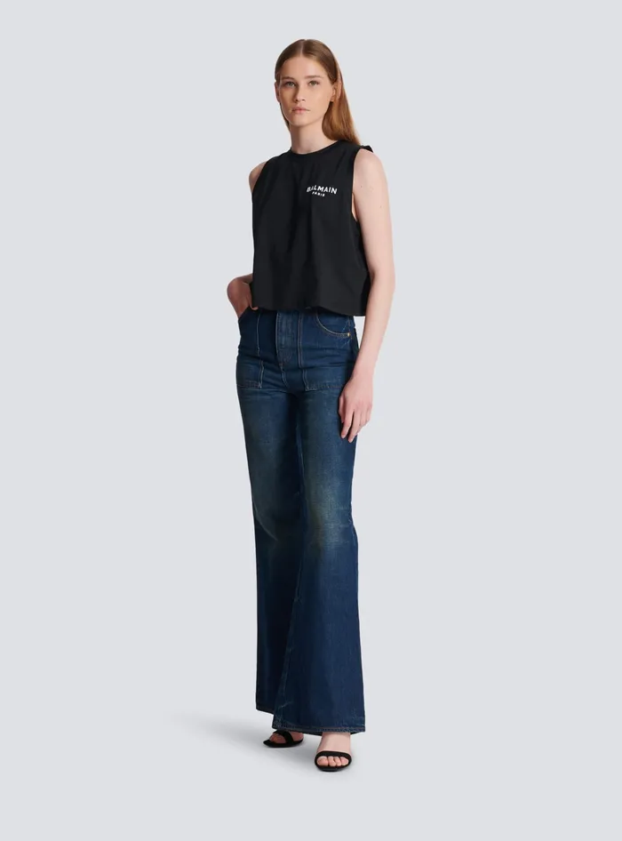 Balmain Flocked Tank Top Black Women TShirts