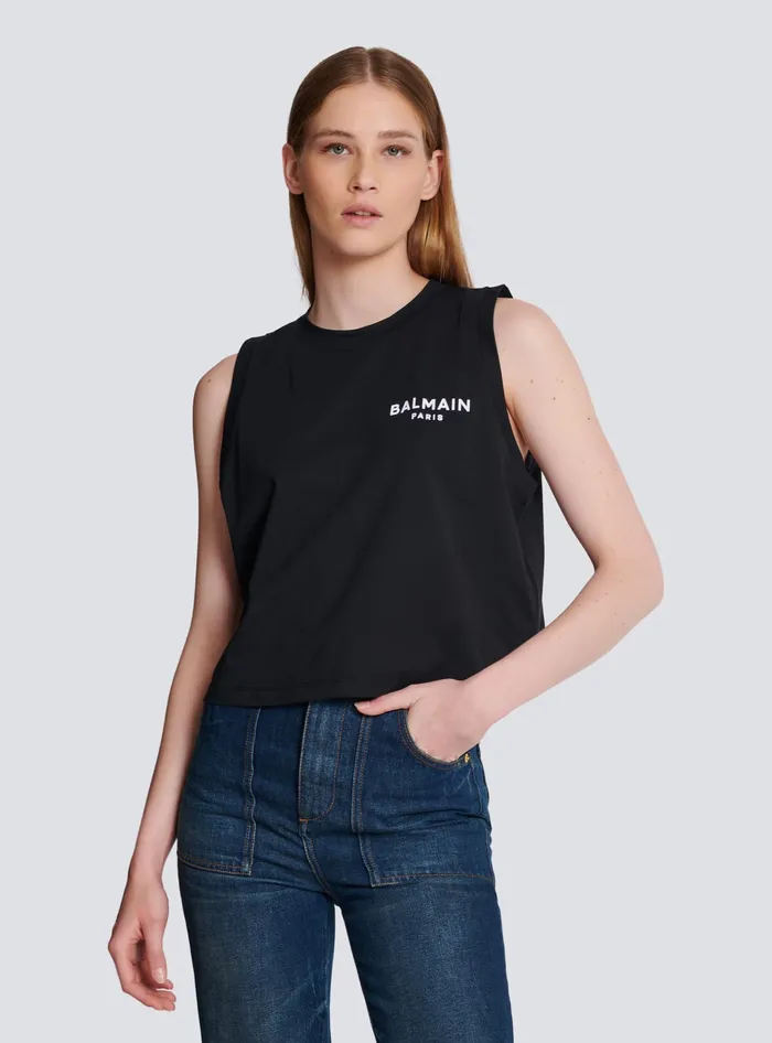 Balmain Flocked Tank Top Black Women TShirts