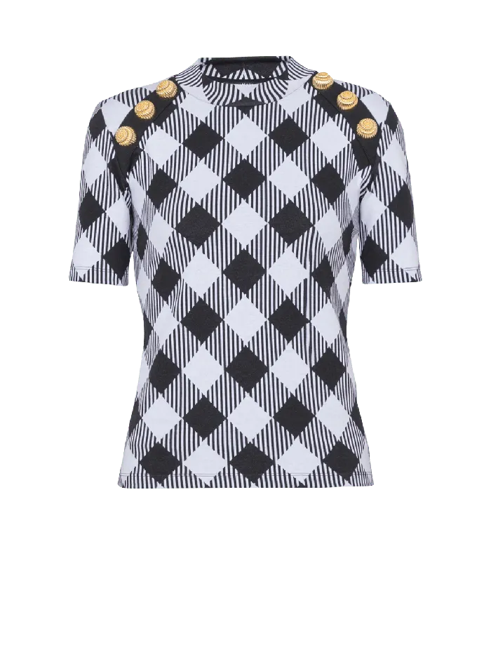Balmain Gingham Button Tshirt Black Women TShirts