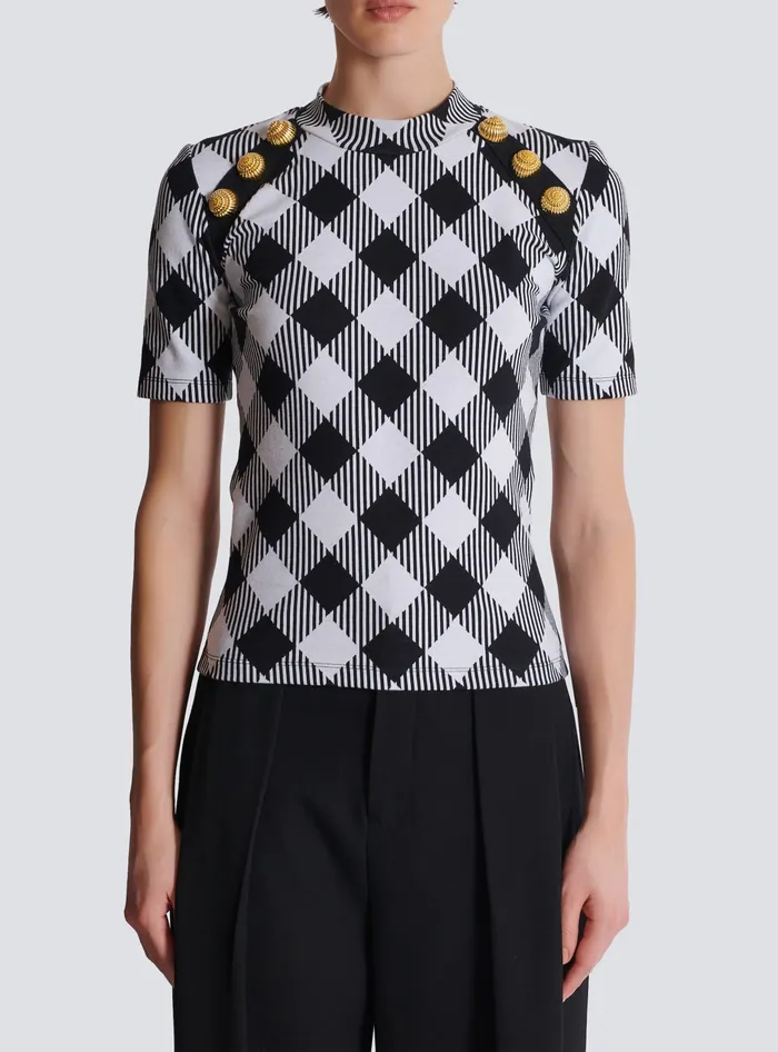 Balmain Gingham Button Tshirt Black Women TShirts