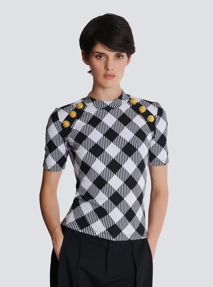 Balmain Gingham Button Tshirt Black Women TShirts